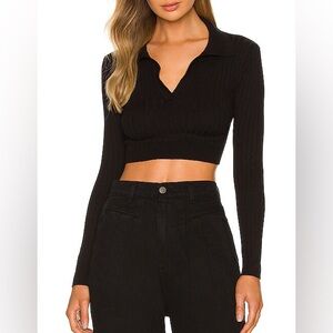 Collared Black Ribbed Long Sleeve Crop Top
